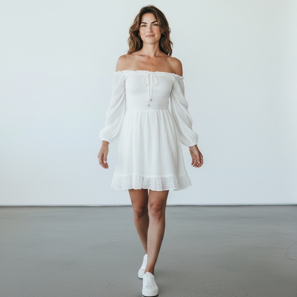 Cottagecore Boho White Smocked Puff Sleeve Mini Dress L Poly-Cotton Off Shoulder